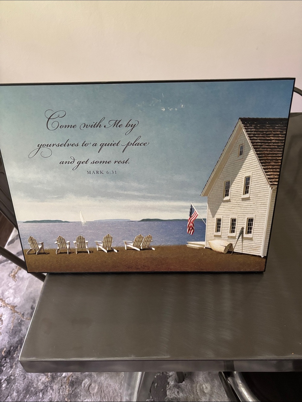 Coastal Wall Art Print with Beach House and Adirondack Chairs